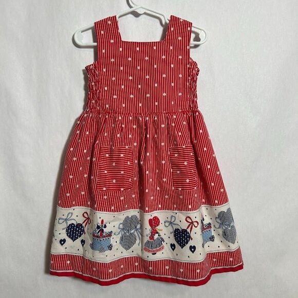 VTG Girls Handmade Smocked Apron Dress 4T Red Goose Ribbons Bows Pinafore - Picture 2 of 8